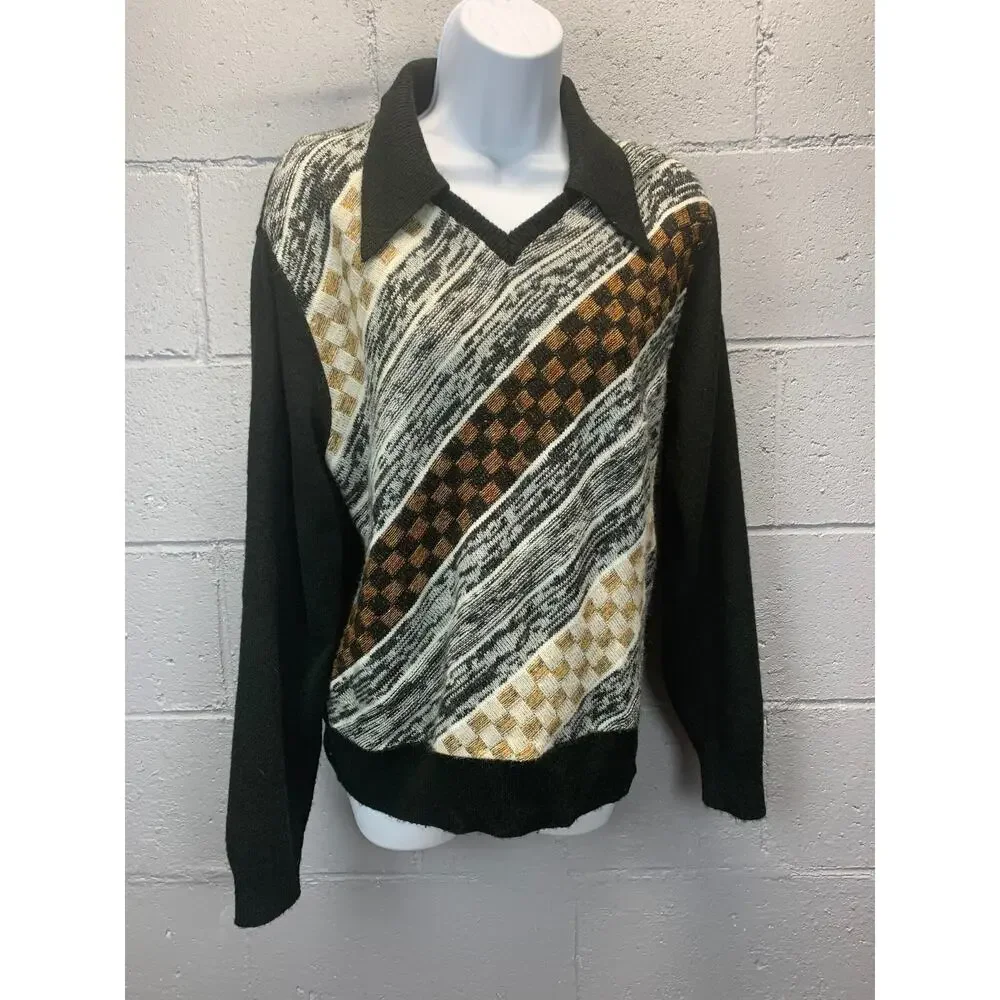 Vintage 1970s Collared Color Block Checkered Sweater V Neck Dagger Collar Unisex